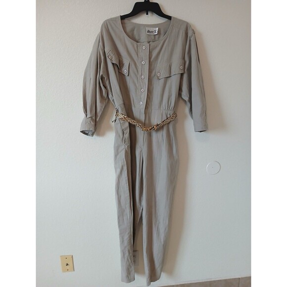 ACT I Womens Jumpsuit Beige Button Up Zipper Pockets 3/4 Sleeve Belt 90’s L - Picture 1 of 16